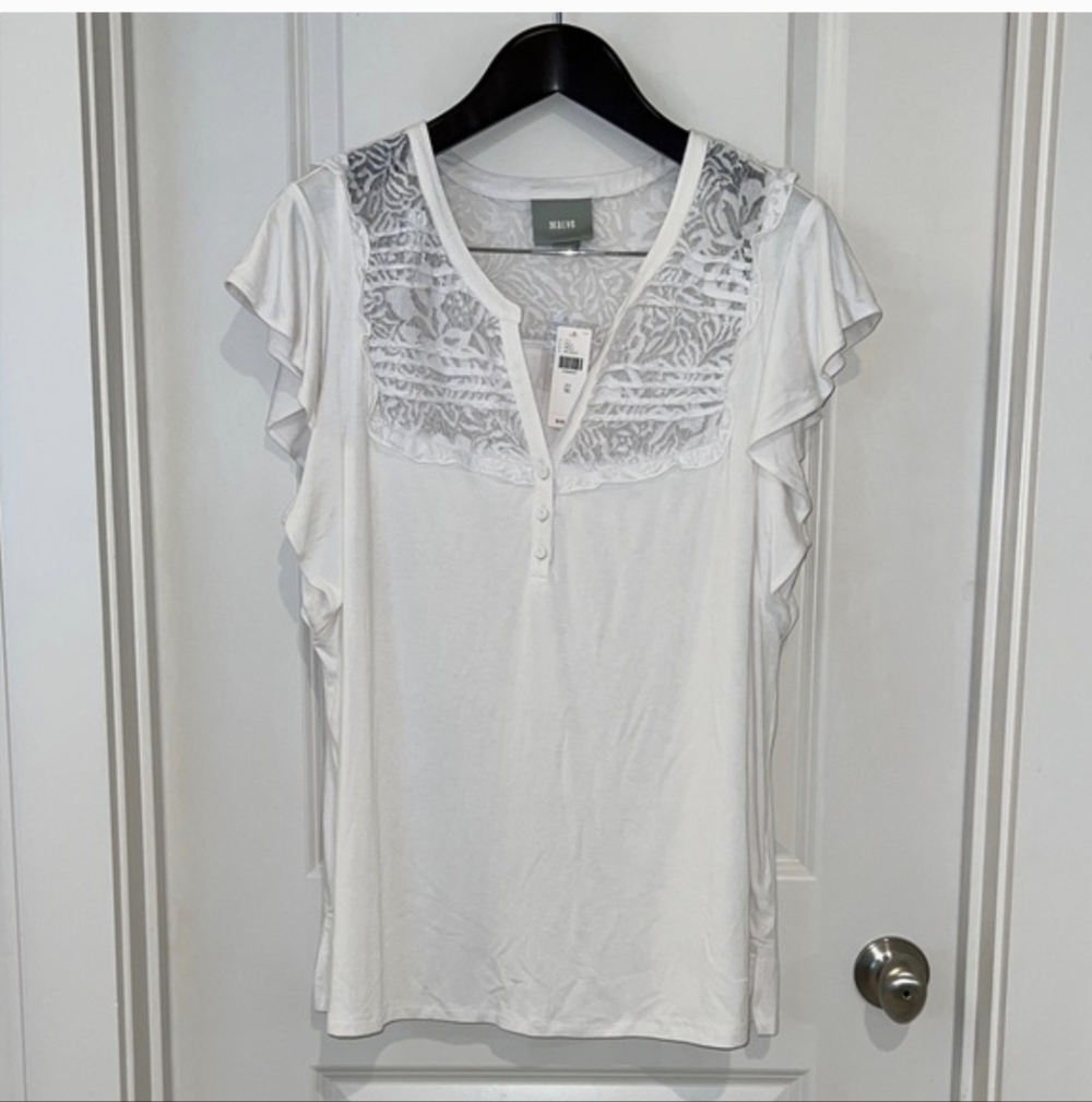 Maeve White Lace Yoke Flutter Sleeve Top NWT XL